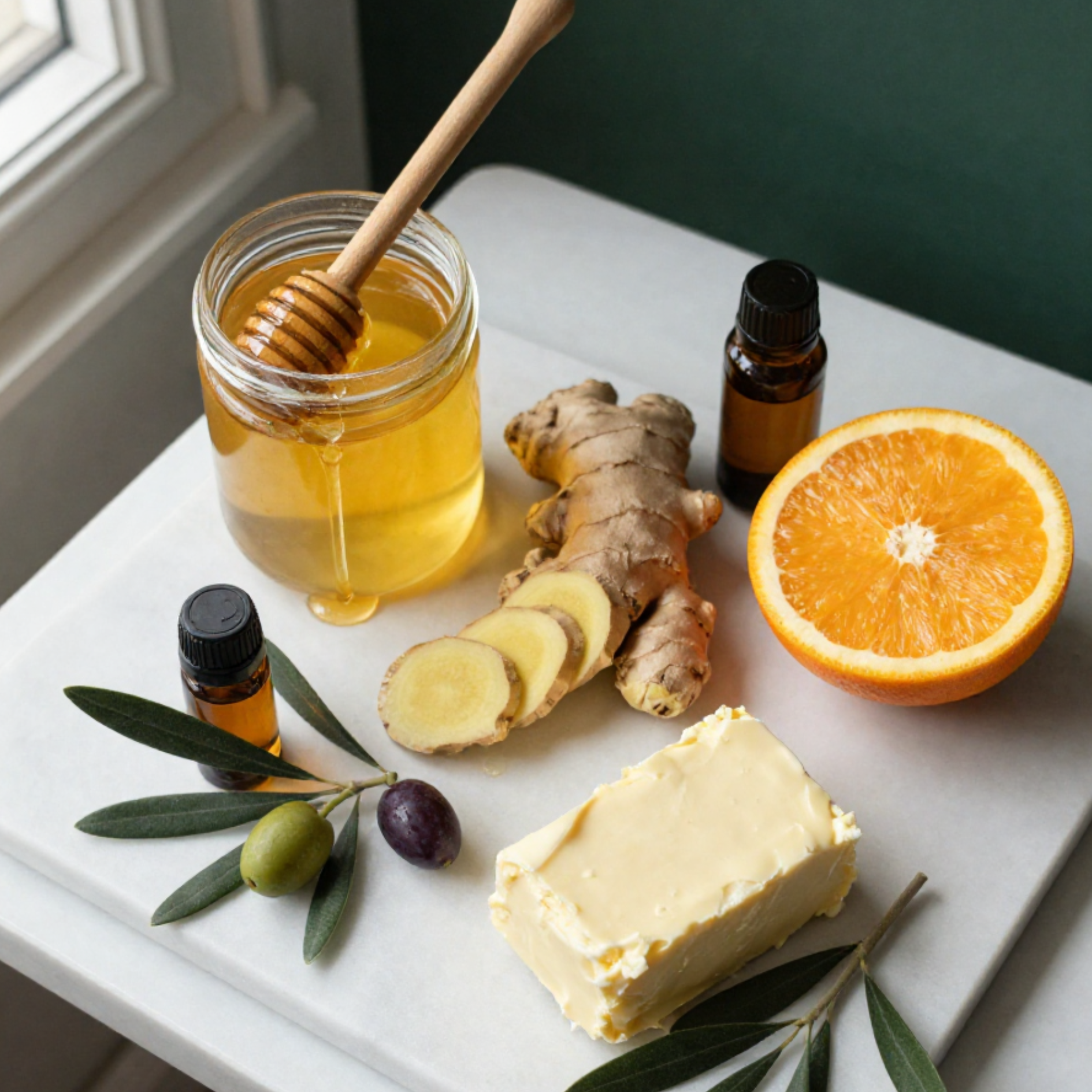 Butter, honey, ginger, orange, and olive oil on a white surface with a window in the background.