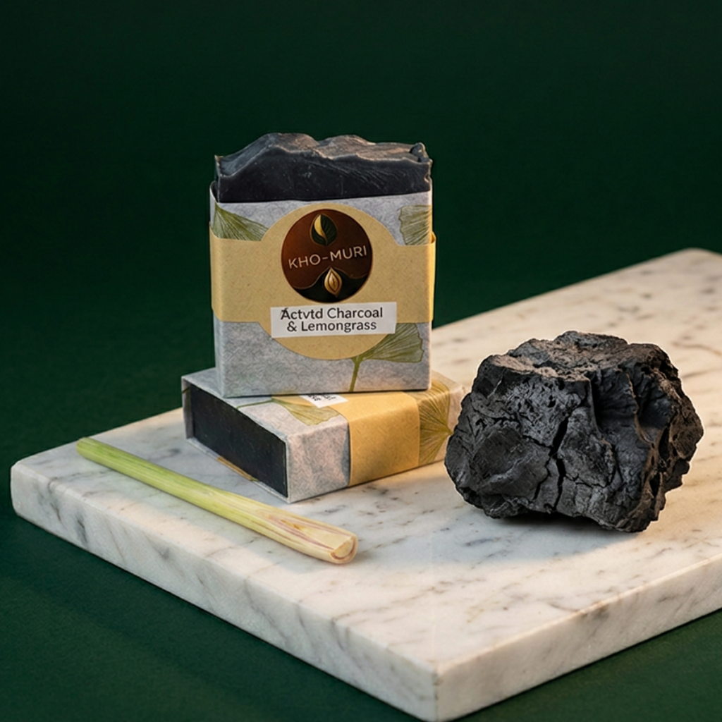 bar of soap labelled activated charcoal and lemongrass soap on marble stone and dark green background.