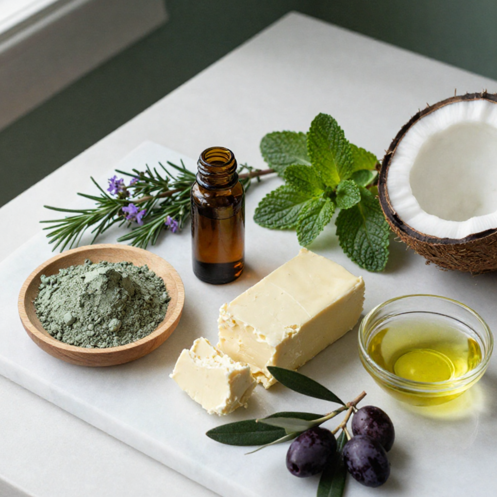 Natural ingredients including coconut, olive oil, and herbs on a white surface.