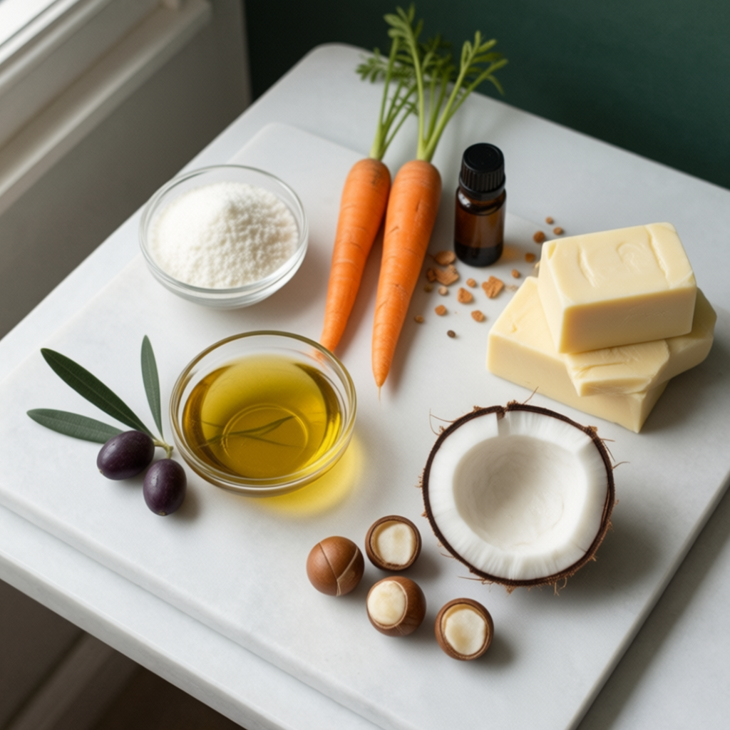 Assorted ingredients including carrots, coconut, olive oil, and butter on a marble surface.